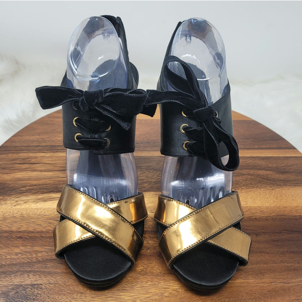 Tory Burch Black Gold Kyle Satin Metal Suede Lace Up HIGH Heels 11M